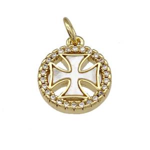 Copper Coin Pendant Pave Shell Zirconia Cross 18K Gold Plated, approx 12mm [FN39984]