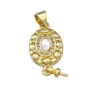 Copper Oval Pendant Pave Shell Zircon With Bail 18K Gold Plated, approx 10-13mm [FN39985]