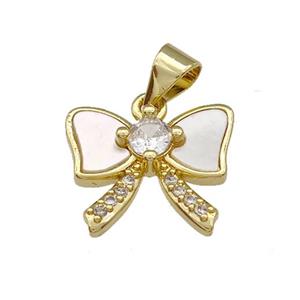 Copper Bowknot Charms Pendant Pave Shell Zirconia 18K Gold Plated, approx 12-15mm [FN39992]