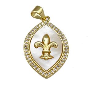 Copper Oval Pendant Pave Shell Zirconia Fleur De Lis 18K Gold Plated, approx 16-24mm [FN40023]