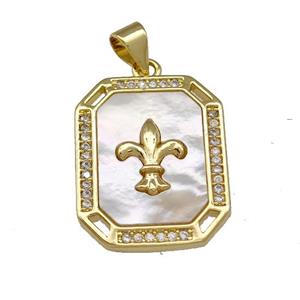 Copper Rectangle Pendant Pave Shell Zirconia Fleur De Lis 18K Gold Plated, approx 17-22mm [FN40024]
