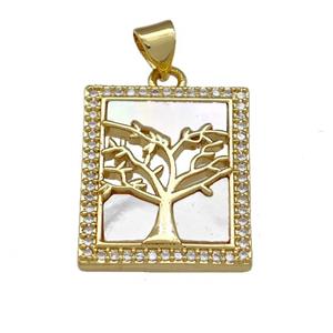Copper Tree Pendant Pave Shell Zirconia Rectangle 18K Gold Plated, approx 17-21mm [FN40027]