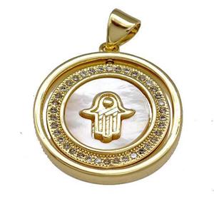 Copper Circle Pendant Pave Shell Zirconia Hamsahand 18K Gold Plated, approx 20mm [FN40050]