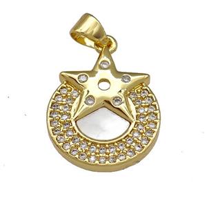 Copper Star Pendant Pave Shell Zirconia Circle 18K Gold Plated, approx 16mm [FN40059]