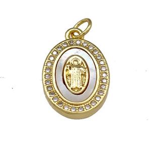 Jesus Charms Copper Oval Pendant Micro Pave Shell Zirconia 18K Gold Plated, approx 13-16mm [FN40062]
