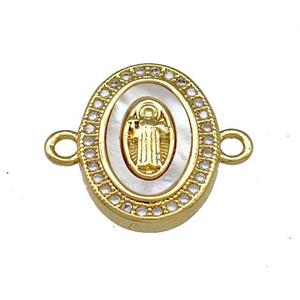 Jesus Charms Copper Oval Connector Micro Pave Shell Zirconia 18K Gold Plated, approx 13-16mm [FN40063]