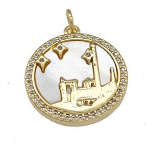 Castle Chams Copper Circle Pendant Pave Shell Zirconia 18K Gold Plated, approx 19mm [FN40066]