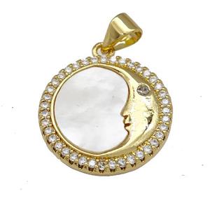 Moon Charms Copper Circle Pendant Micro Pave Shell Zirconia 18K Gold Plated, approx 18mm [FN40067]