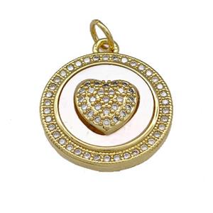 Copper Heart Pendant Pave Shell Zirconia Circle 18K Gold Plated, approx 18mm [FN40070]