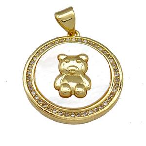 Copper Bear Pendant Pave Shell Zirconia Circle 18K Gold Plated, approx 21mm [FN40077]