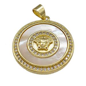 Medusa Charms Copper Circle Pendant Pave Shell Zirconia 18K Gold Plated, approx 22mm [FN40082]