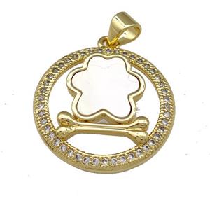 Copper Flower Pendant Pave Shell Zircon Circle Dogbone 18K Gold Plated, approx 22mm [FN40083]