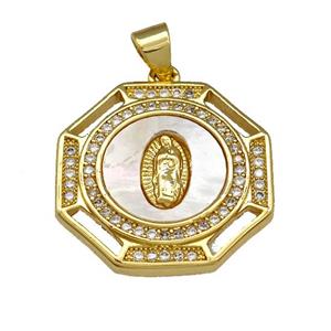 Virgin Mary Copper Pendant Pave Shell Zirconia Polygon 18K Gold Plated, approx 20mm [FN40084]
