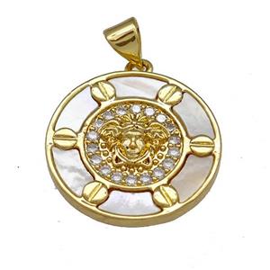 Medusa Charms Copper Circle Pendant Pave Shell Zirconia 18K Gold Plated, approx 20mm [FN40086]