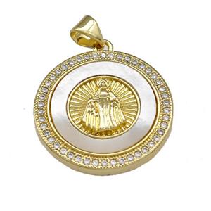 Virgin Mary Copper Pendant Pave Shell Zirconia Circle 18K Gold Plated, approx 22mm [FN40087]
