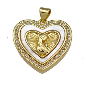 Virgin Mary Copper Heart Pendant Pave Shell Zirconia Prayer 18K Gold Plated, approx 22mm [FN40088]