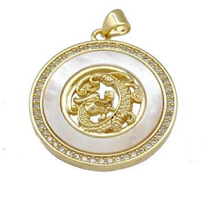 Dragon Charms Copper Circle Pendant Pave Shell Zirconia 18K Gold Plated, approx 26mm [FN40090]