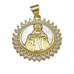 Virgin Mary Charms Copper Circle Pendant Pave Shell Zirconia 18K Gold Plated, approx 21mm [FN40092]