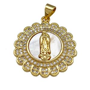 Jesus Charms Copper Circle Pendant Pave Shell Zirconia 18K Gold Plated, approx 23mm [FN40093]