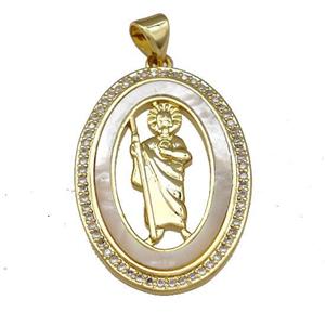 Jesus Charms Copper Oval Pendant Pave Shell Zirconia 18K Gold Plated, approx 20-30mm [FN40094]