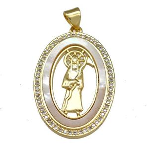 Jesus Charms Copper Oval Pendant Pave Shell Zirconia 18K Gold Plated, approx 20-30mm [FN40095]