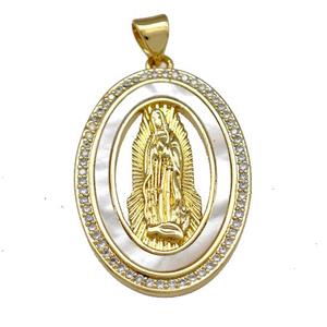 Virgin Mary Charms Copper Oval Pendant Pave Shell Zirconia 18K Gold Plated, approx 20-30mm [FN40096]