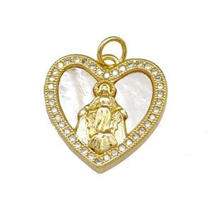 Virgin Mary Copper Heart Pendant Pave Shell Zirconia 18K Gold Plated, approx 18mm [FN40109]