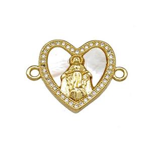 Virgin Mary Copper Heart Connector Pave Shell Zirconia 18K Gold Plated, approx 18mm [FN40110]