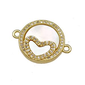 Copper Circle Connector Pave Shell Zirconia Heart 18K Gold Plated, approx 18mm [FN40120]