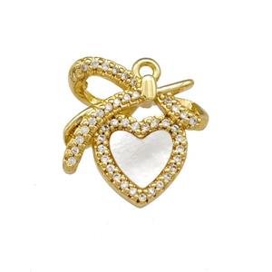 Copper Heart Pendant Pave Shell Zirconia Bowknot 18K Gold Plated, approx 16-18mm [FN40122]