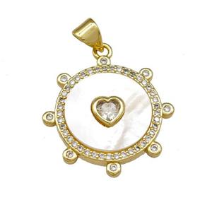 Copper Circle Pendant Pave Shell Zirconia Heart 18K Gold Plated, approx 22mm [FN40124]