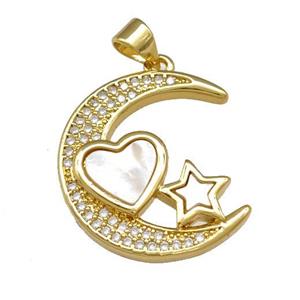 Copper Moon Pendant Pave Shell Zirconia Heart Star 18K Gold Plated, approx 20-22mm [FN40135]