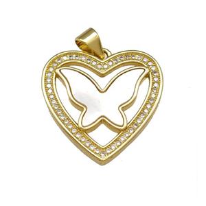 Copper Heart Pendant Pave Shell Zirconia Butterfly 18K Gold Plated, approx 21mm [FN40162]