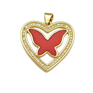 Copper Heart Pendant Pave Shell Zirconia Butterfly 18K Gold Plated, approx 21mm [FN40163]