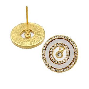 Copper Stud Earrings Pave Shell Zirconia Circle 18K Gold Plated, approx 15mm [FN40172]