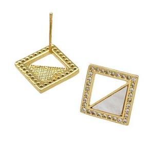Copper Stud Earrings Pave Shell Zirconia Square 18K Gold Plated, approx 14mm [FN40173]