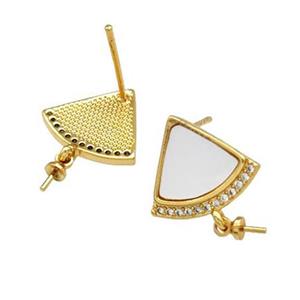 Copper Stud Earrings Pave Shell Zirconia With Bail Fan 18K Gold Plated, approx 11-14mm [FN40175]