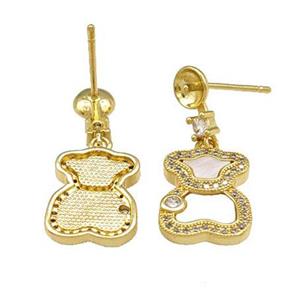 Copper Bear Stud Earrings Pave Shell Zirconia 18K Gold Plated, approx 11-14mm [FN40176]