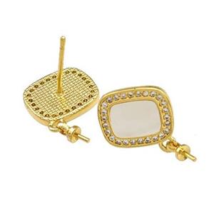 Copper Stud Earrings Pave Shell Zirconia With Bail Rectangle 18K Gold Plated, approx 10-12mm [FN40177]