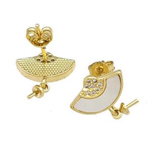 Copper Stud Earrings Pave Shell Zirconia With Bail 18K Gold Plated, approx 8-13mm [FN40179]