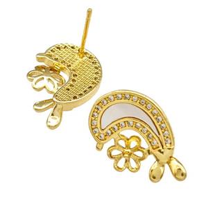 Copper Stud Earrings Pave Shell Zirconia Dolphin 18K Gold Plated, approx 12-17mm [FN40180]