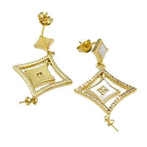 Copper Stud Earrings Pave Shell Zirconia With Bail 18K Gold Plated, approx 8mm, 20mm [FN40181]