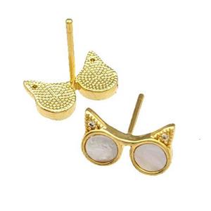 Copper Stud Earrings Pave Shell Zirconia Owl Eye 18K Gold Plated, approx 8-12mm [FN40182]
