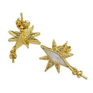 Copper Stud Earrings Pave Shell Zirconia With Bail Northstar 18K Gold Plated, approx 15mm [FN40184]