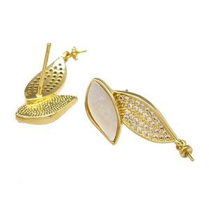 Copper Stud Earrings Pave Shell Zirconia With Bail Leaf 18K Gold Plated, approx 12-23mm [FN40186]