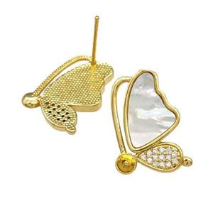 Copper Stud Earrings Pave Shell Zirconia Butterfly 18K Gold Plated, approx 12-19mm [FN40187]