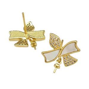 Copper Stud Earrings Pave Shell Zirconia With Bail Butterfly 18K Gold Plated, approx 16mm [FN40189]