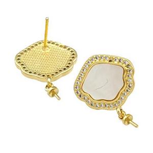Copper Stud Earrings Pave Shell Zirconia With Bail 18K Gold Plated, approx 13-16mm [FN40190]