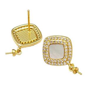 Copper Stud Earrings Pave Shell Zirconia With Bail Square 18K Gold Plated, approx 13mm [FN40191]