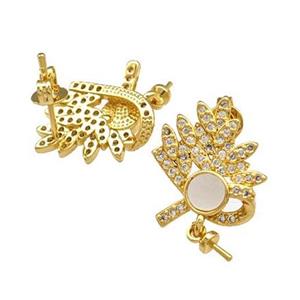 Copper Stud Earrings Pave Shell Zirconia With Bail Peacock 18K Gold Plated, approx 14-17mm [FN40192]